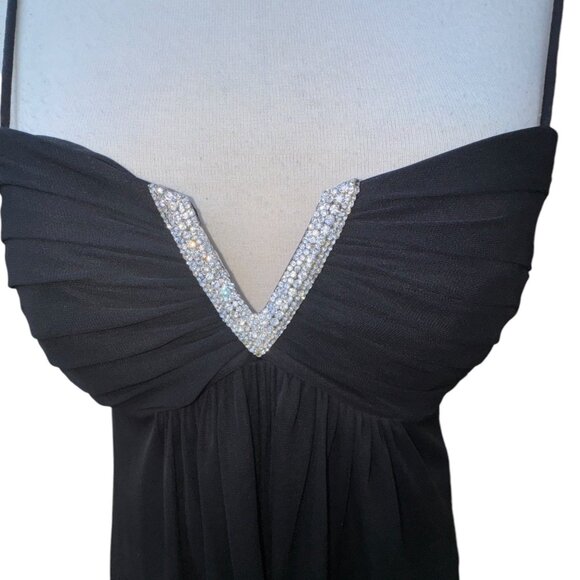 Betsy & Adam Size 6 Black Evening Gown With Rhinestone V-Neckline & Spaghetti St - Picture 3 of 12